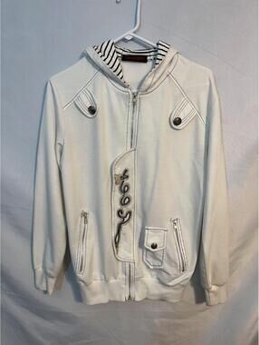 Women's Y2K Full Zip Hoodie White Eagle Patch Stud Bead Script Size Medium